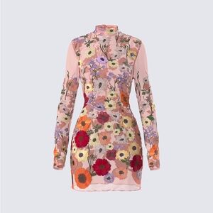 Multicolor Floral Sheer Mesh Long Sleeve Embroidered Dress - Size M